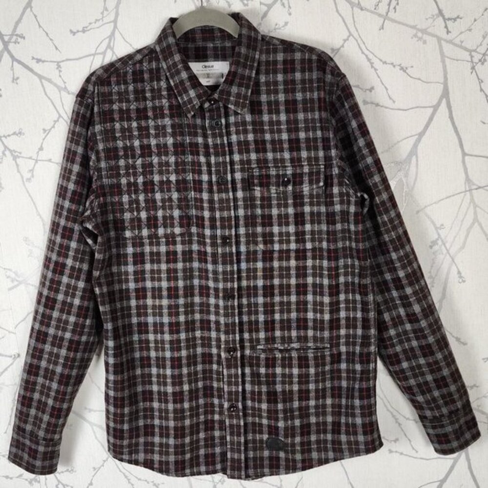 Orisue Gray Red Plaid Checks 100% Wool Button Front Flannel Shirt